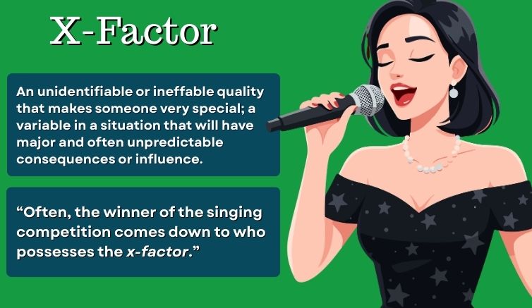 Infographic for the English idiom "x-factor" giving the meaning and a sentence example.
