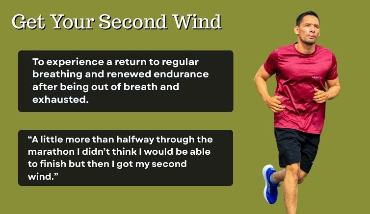 Infographic for "get a second wind" showing a runner comfortably breathing and giving the definition of the idiom and a sentence example. 