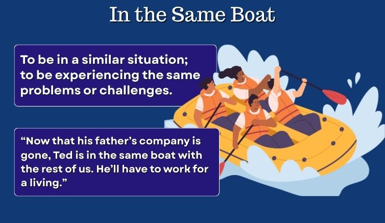 Infographic for the idiom "in the same boat" giving the meaning and a sentence example. 