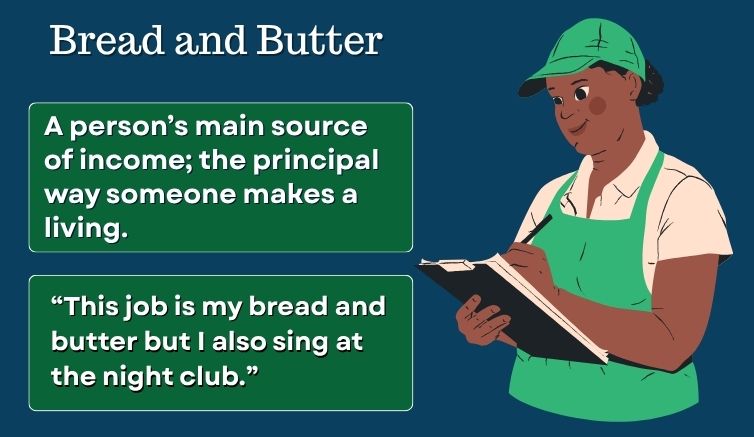 Infographic for the idiom "bread and butter," giving the meaning and a sentence example.