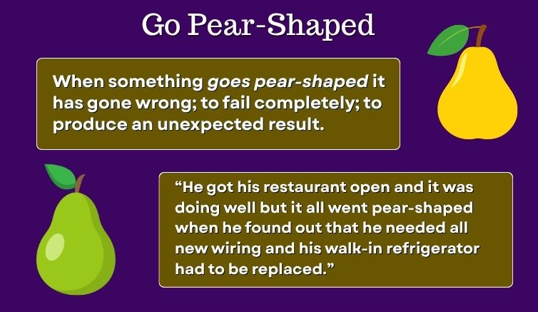 Infographic for the idiom 'go pear-shaped', giving the meaning of the expression and a sentence example. 