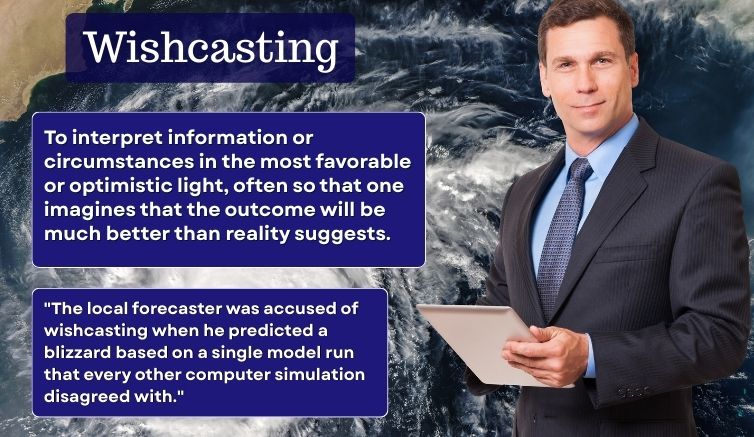 Infographic for the term "wishcasting" giving the definition and a sentence example related to weather forecasting.