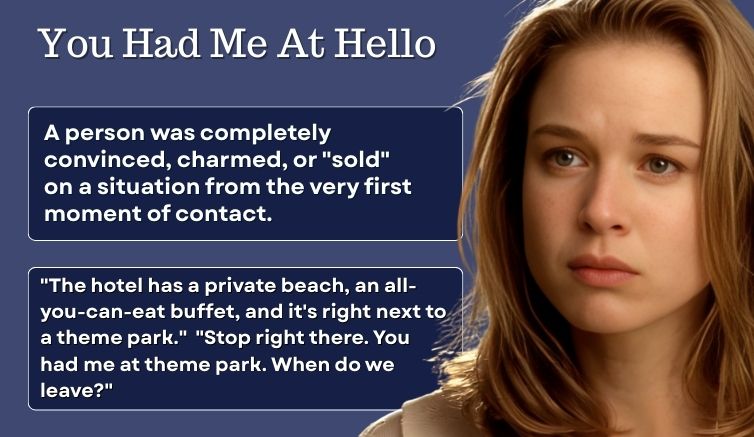 Infographic for the idiom 'you had me at hello' featuring Renée Zellweger from the movie Jerry Maguire, including the definition and sentence examples